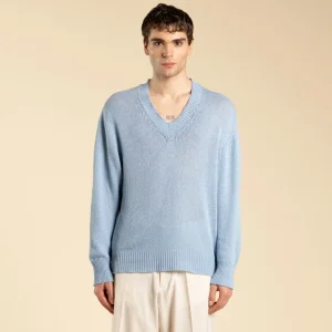 Maglia scollo a punta maniche lunghe - Celeste