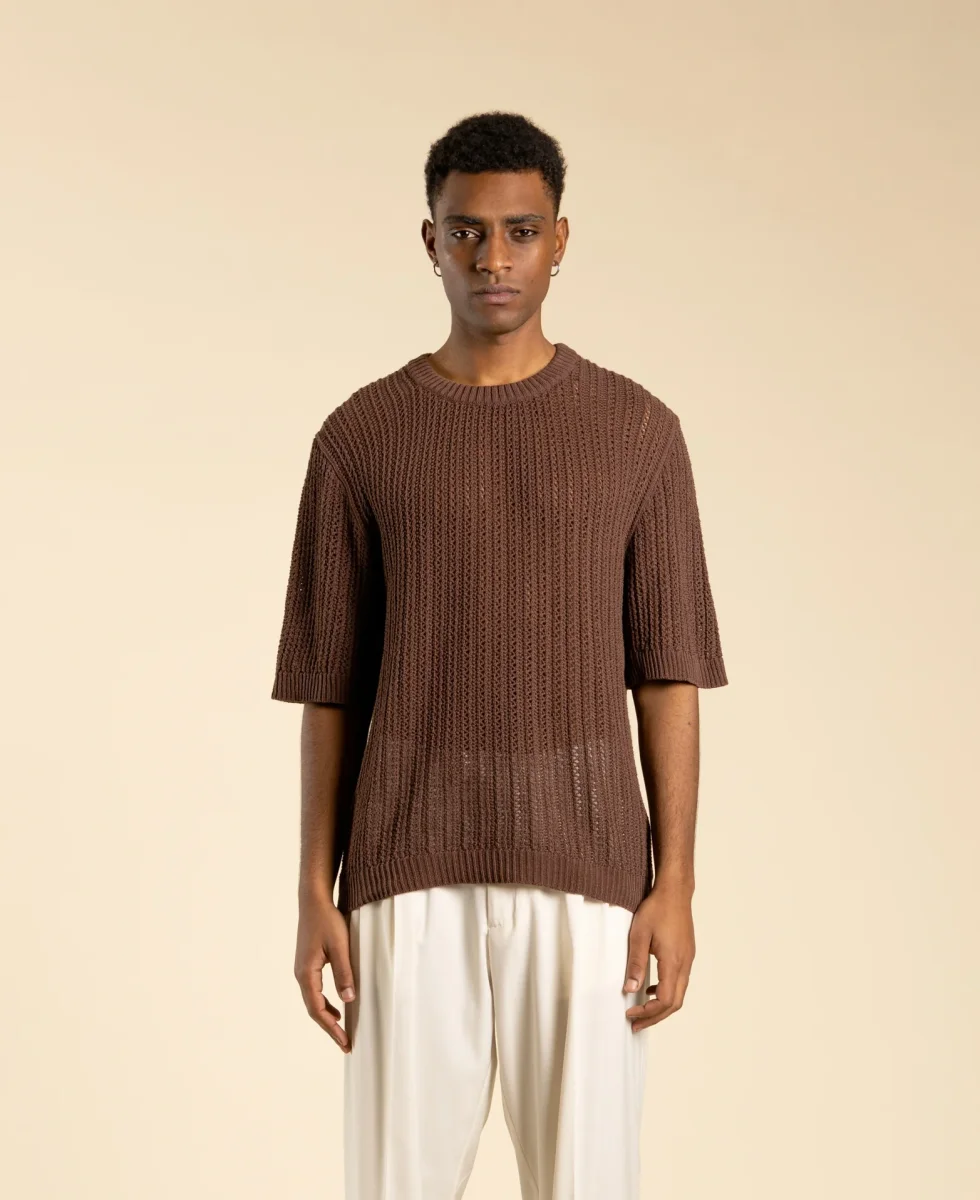Maglia in cotone girocollo traforata – Moro