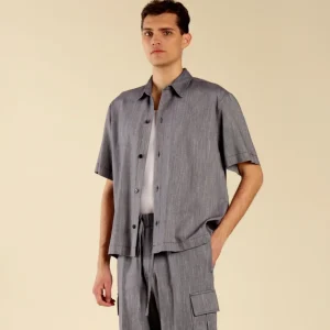 Camicia in cotone lino effetto denim - Blu